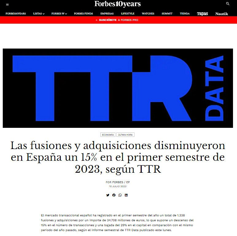 Las fusiones y adquisiciones disminuyeron en Espaa un 15% en el primer semestre de 2023, segn TTR